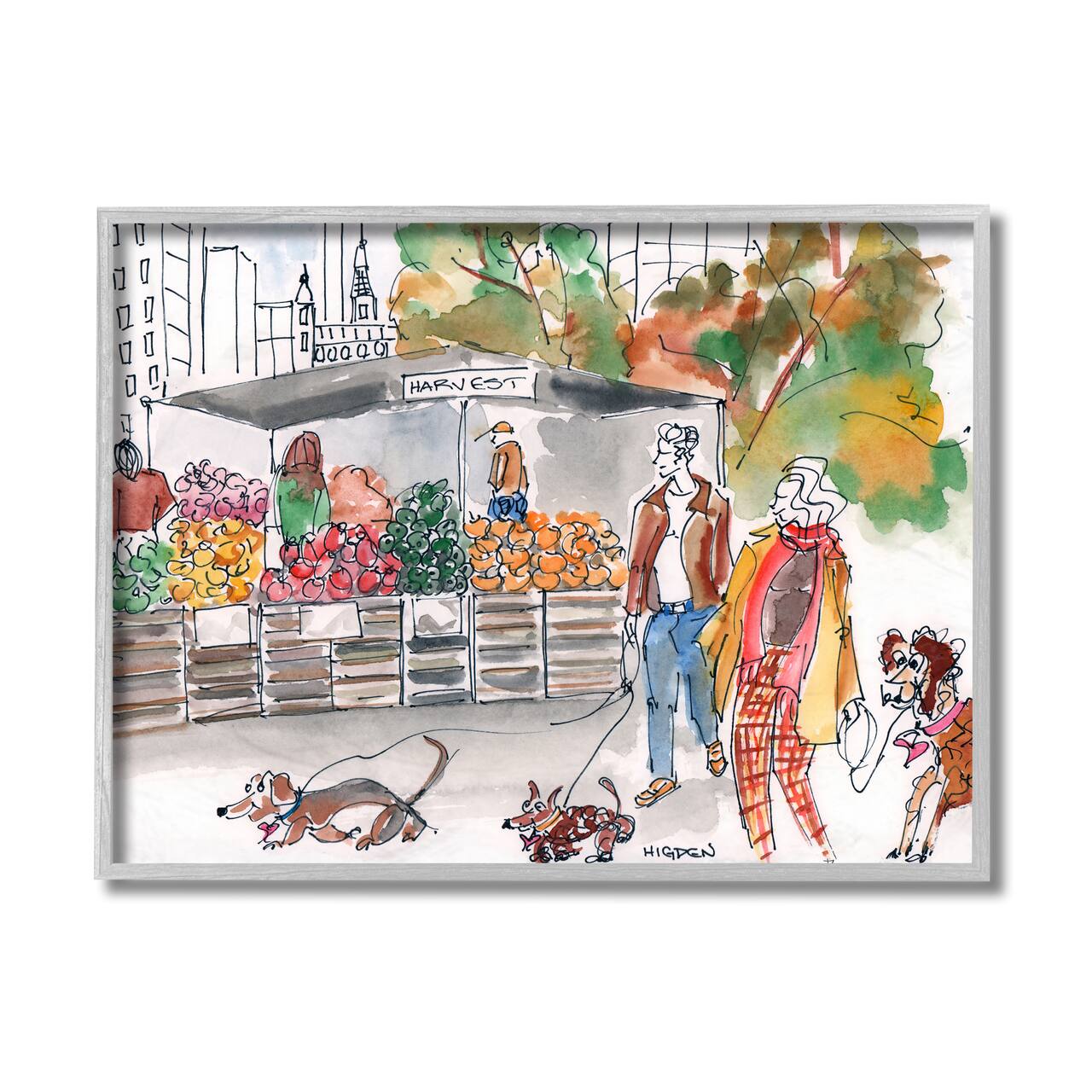 Stupell Industries Farmers Market Illustration City Dog Walkers in Gray Frame Wall Art